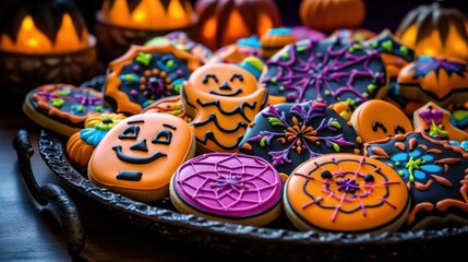 Close up of a tray of Halloween themed sugar cookies, decorated with vibrant icing and intricate designs
