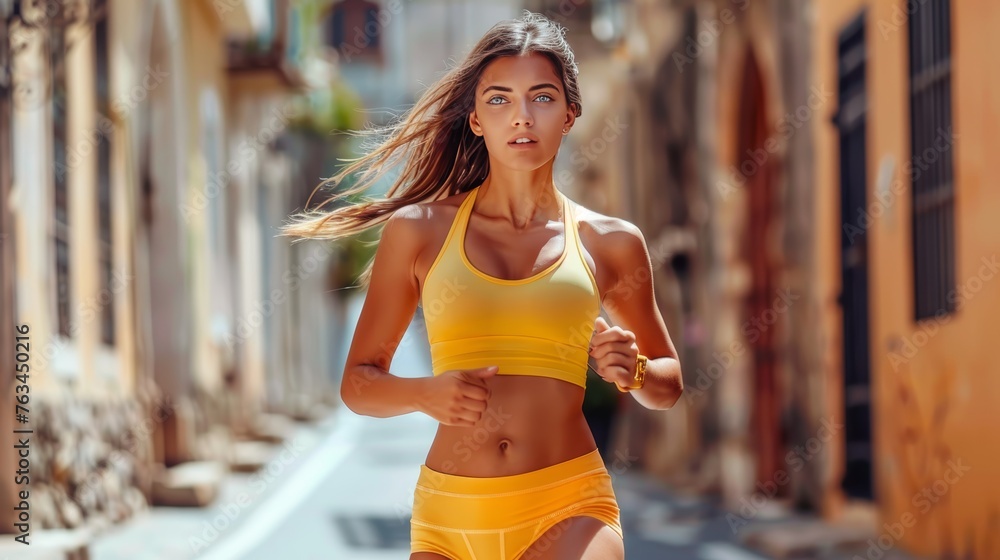 Wall mural active european woman embracing a healthy lifestyle by jogging energetically in natural surroundings