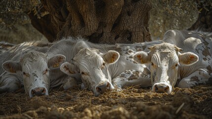 Serene cows lounging peacefully under the refreshing shade of majestic oak trees