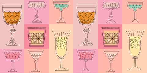 Geometric seamless pattern with alcoholic cocktails in glasses of different shapes. Drinks in different types of vintage glasses. Modern design for greeting cards, posters, wrapping, pack paper.