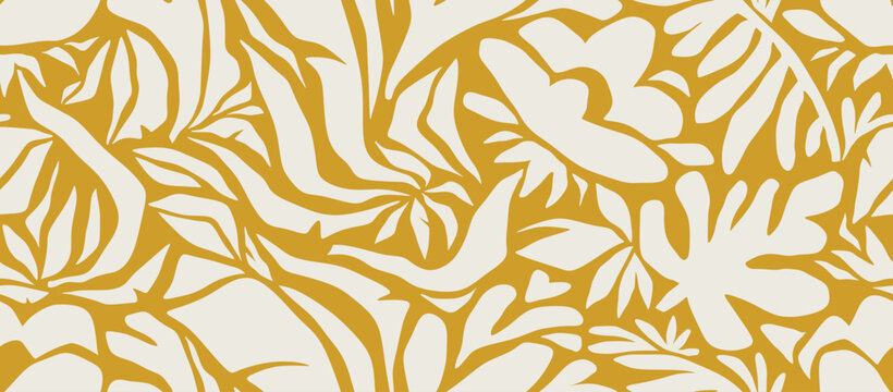 Fototapeta Minimal abstract organic leaf and flowers shapes seamless pattern. leaves flower vector silhouette.