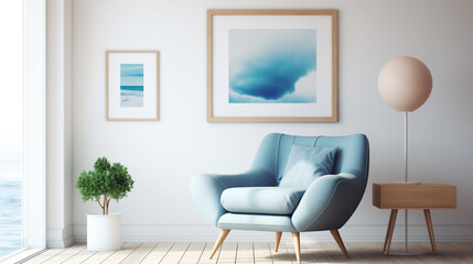 Stylish Interior with Comfortable Blue Lounge Chair and Abstract Art