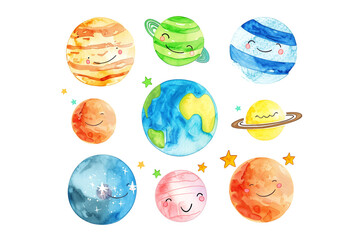 Collection set of colorful cartoon planets with smiling faces and stars on white background
