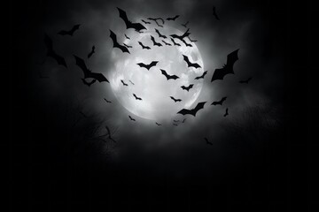 Mystical night sky with bats flying under a bright full moon