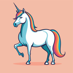 Obraz premium Colorful cartoon unicorn with a rainbow mane stands gracefully on a pastel pink background.