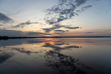 reflection of the sky in the lake at sunset