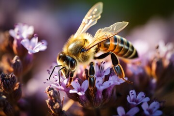 Detailed close up of bees hovering over lavender flowers with blurred background - obrazy, fototapety, plakaty