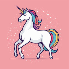 Obraz premium Vibrant illustration of a majestic unicorn with a colorful mane and tail, set against a soft pink background with sparkling accents, conveying magic and wonder.