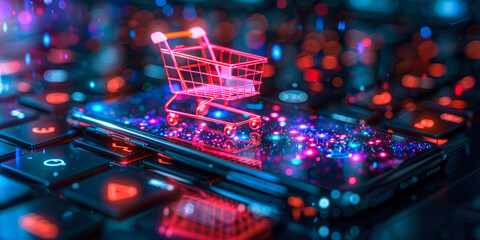 Consumer Engaging in Online Shopping with a Holographic Shopping Cart and Sale Icons Displayed Above Smartphone