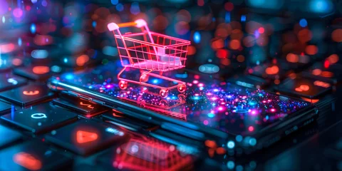 Fotobehang Consumer Engaging in Online Shopping with a Holographic Shopping Cart and Sale Icons Displayed Above Smartphone © Bartek