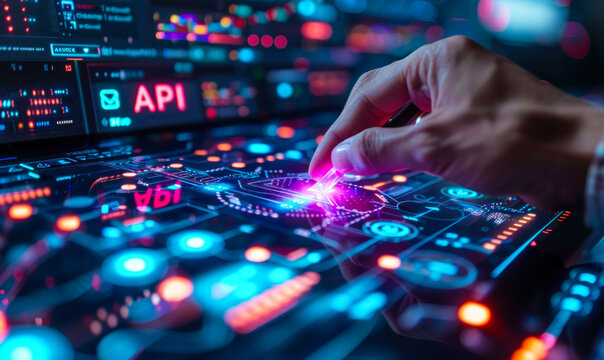 Technology Executive Displaying API Integration Concept with Glowing Icons for Application Programming Interface