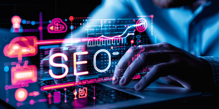Marketing Specialist Engaging with SEO Optimization Tools on a Futuristic Interface for Enhancing Online Visibility