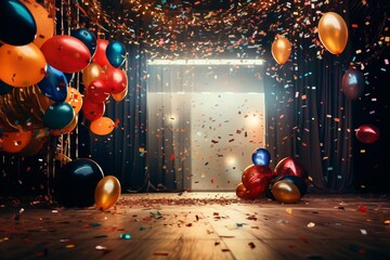 Colorful and festive room filled with balloons and confetti