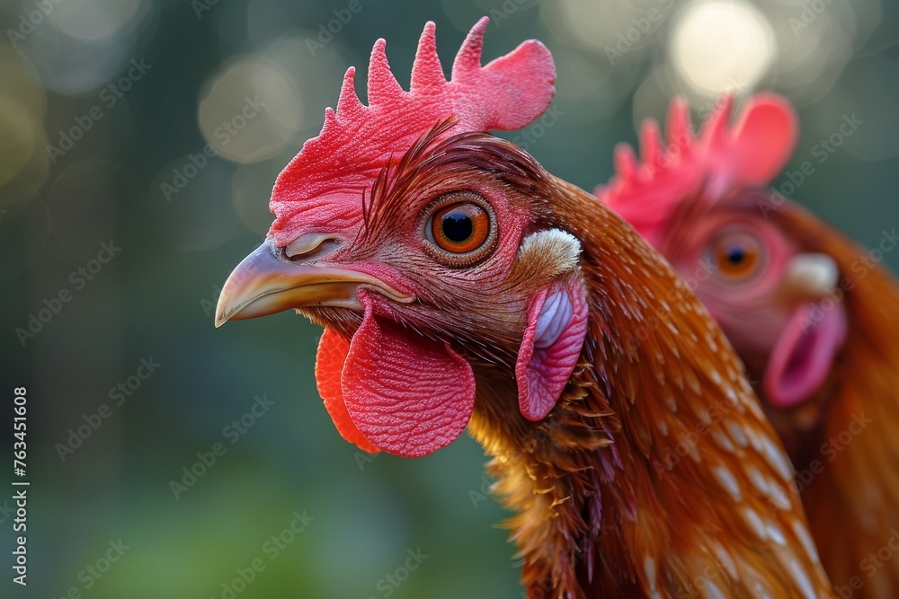 Poster detailed image capturing the vibrant red comb and intense gaze of a rooster, with another blurred in