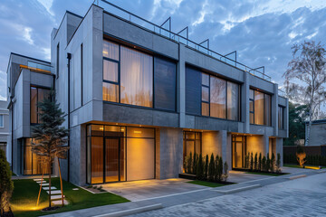 Modern townhouses with glass windows and concrete facades at dusk