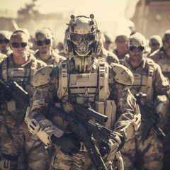 Fototapeta premium super soldier robot emong the human army