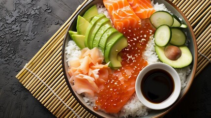 Elevated View of a Deconstructed Sushi Bowl on a Bamboo Mat, Featuring Sushi Rice, Fresh Salmon, Avocado, Cucumber, and a Drizzle of Soy Sauce.