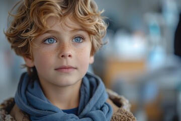 A young boy with curly blonde hair and blue eyes wearing a scarf looks thoughtful in an indoor setting - obrazy, fototapety, plakaty