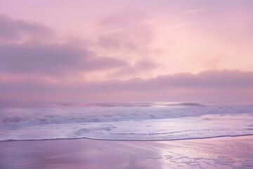 Fototapeta na wymiar ocean, beach scene, pastel sky, calm waves, soft pink and purple hues 