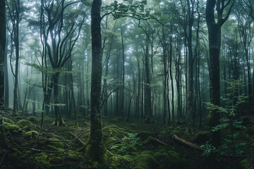 Fototapeta na wymiar panoramic of a dense forest with a misty atmosphere 