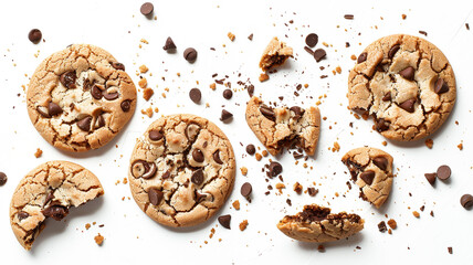 Broken chocolate chip cookies on a white background.