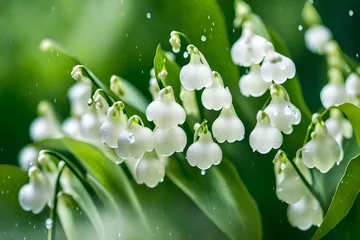 Gordijnen lily of the valley in spring, Generative AI captures the exquisite beauty of Lily of the Valley flowers adorned with delicate raindrops, their white petals glistening in the aftermath of a refreshing  © SANA
