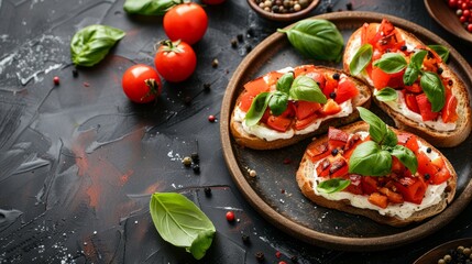 Bruschetta with fresh ricotta cheese and cherry tomatoes on wooden board decorated with basil leaves. Closeup view. Italian antipasti, healthy savory toast with cheese and tomato.