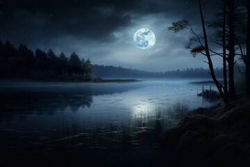 Hauntingly beautiful moonlit lake on a white background. Halloween holiday background