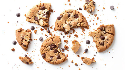 Broken chocolate chip cookies on a white background.