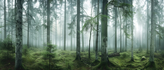 Naklejka premium panoramic of a dense forest with a misty atmosphere 