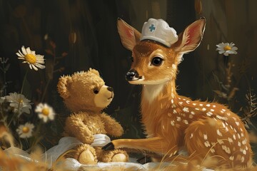 Gentle Gestures of Healing: A Deer in a Nurse's Cap Tenderly Adjusts a Bandage on Her Furry Patient