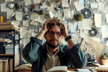 Obraz premium Stressed creative professional with curly hair, glasses, and smartwatch, clutching his head in a chaotic office, overwhelmed with ideas