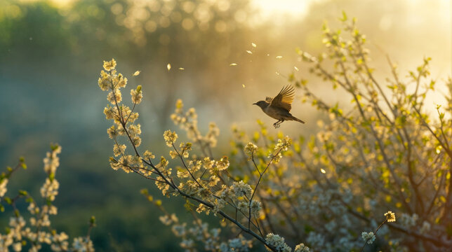 petit oiseau au printemps dans les arbres fruitiers en fleurs