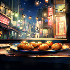 Savoring the crispy exterior and tender filling of a Takoyaki ball, abstract, tecnology