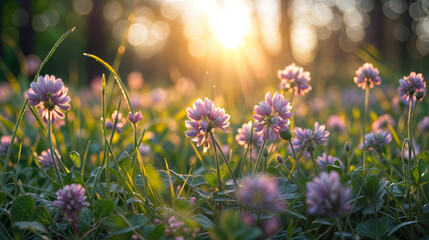 gros plan sur de petites fleurs violette à la lumière du matin