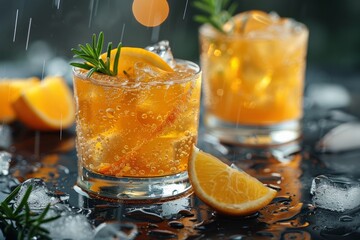 An invigorating, bubbly orange cocktail adorned with ice and a sprig of rosemary set against a wet surface with droplets - obrazy, fototapety, plakaty