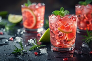 Exotic crimson cocktail with ice, lime wedges, and sprigs of mint, glistening with droplets on a dark background