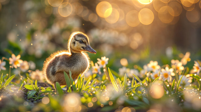 caneton dans un champs de fleur au printemps, arri&egrave;re plan flou