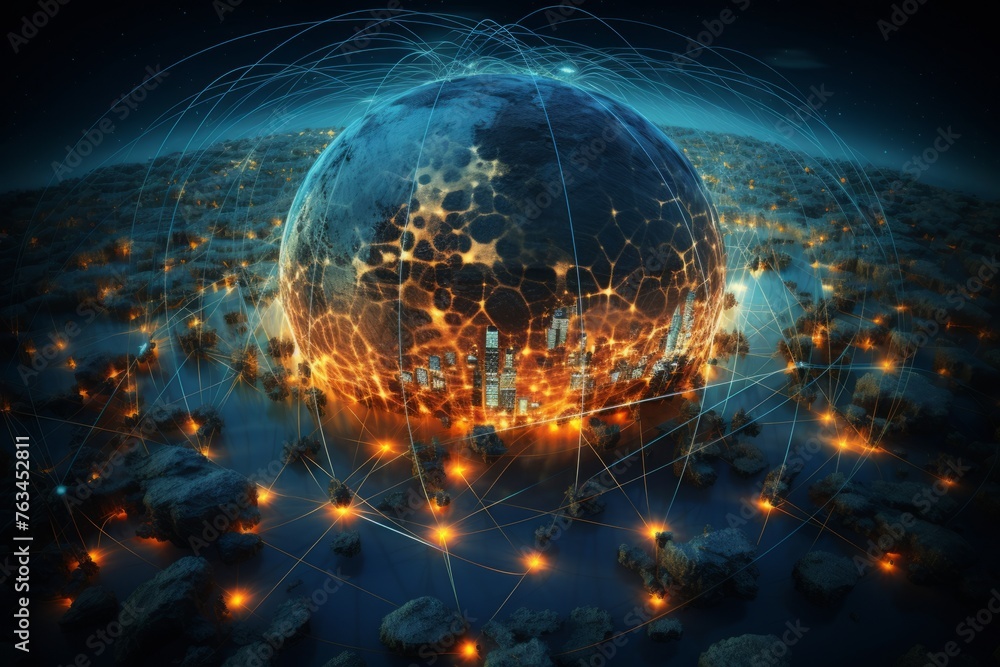 Poster futuristic city encapsulated within a spherical structure