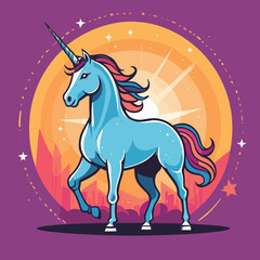 Vibrant illustration of a blue unicorn with a rainbow mane against a sunset background and cityscape.
