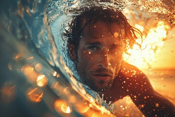 A swimmer's close-up, partially submerged in water, glistening with the sun's rays and droplets around