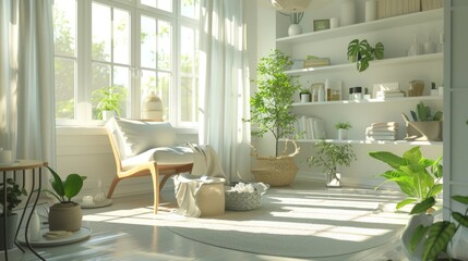 Sunlit cozy reading nook with armchair and houseplants. Modern home interior design and relaxation space concept for design and print. Natural light photography - obrazy, fototapety, plakaty