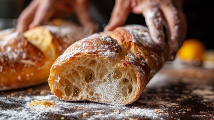 Hands tearing off a piece of freshly baked ciabatta, revealing the porous texture, with flour dust in the foreground - obrazy, fototapety, plakaty