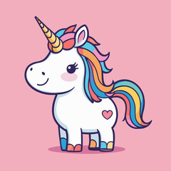 Fototapeta premium Adorable cartoon unicorn with a colorful mane stands against a pink background, exuding a playful and whimsical charm.