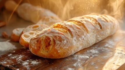 Warm sunlight cascades over a freshly baked ciabatta loaf on a wooden cutting board, flour in mid-sprinkle