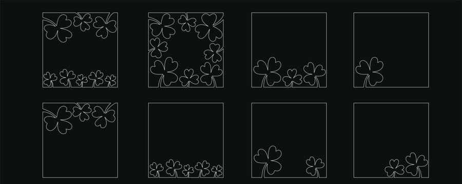 Clover flower frame for Saint Patrick day - good lucky symbol, single line. Vector stock minimalism illustration isolated on black background for design template social media. Editable stroke.