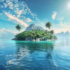 A tropical island with tall palm trees surrounded by tranquil ocean waters under a clear blue sky