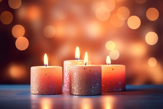 Soft focus bokeh with glowing holiday candles Christmas background