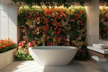 Fototapeta na wymiar Bathroom with a bathtub filled with different flowers creating romantic relaxing atmosphere in spa salon, body care and mental health routine concept, flower show