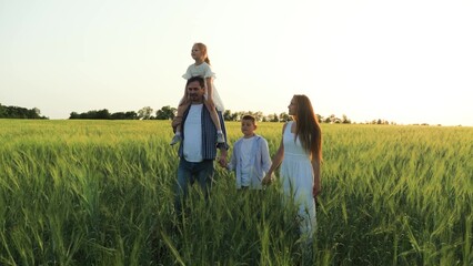 professional businessman farmer, happy father husband, grows grain farm with wife and children. Smile face child farmer, family happiness, spending time day owith daughter son, taking walks through